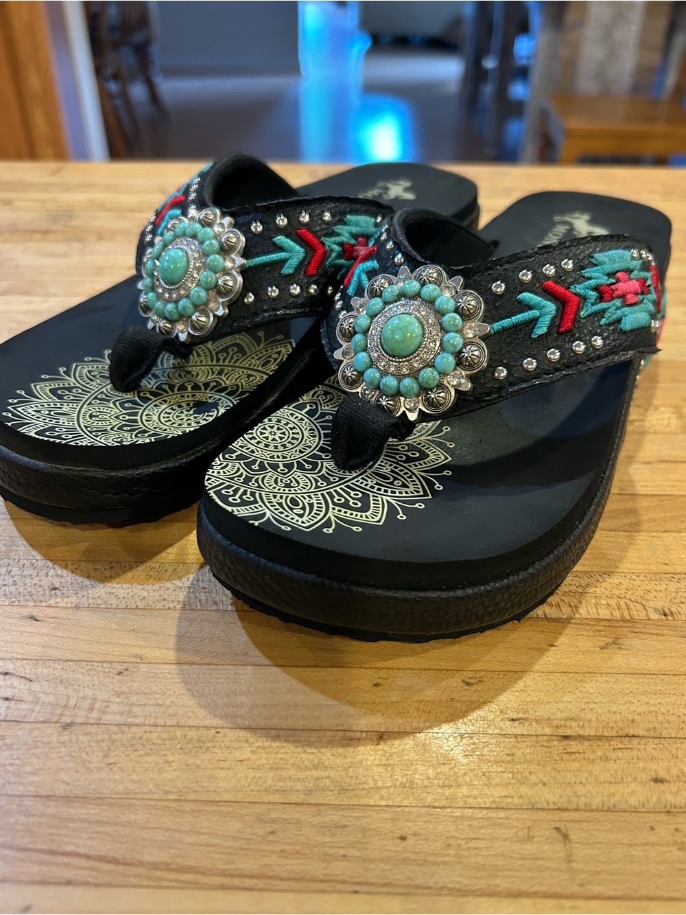 Montana West Black Sandal with Turquoise Concho and Multicolor Embroidery